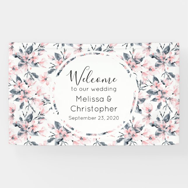 Lona Motivo floral rosa y gris de bienvenida boda (Horizontal)