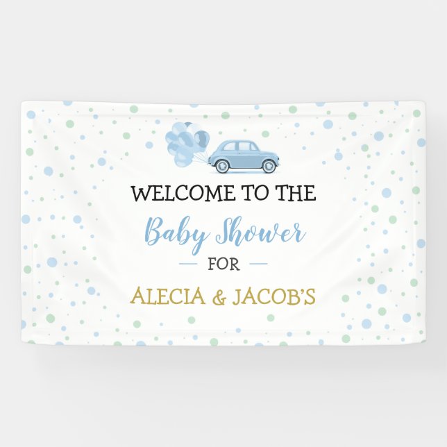 Lona Motor Blue Car Balloons Boy Baby Shower Fondo (Horizontal)