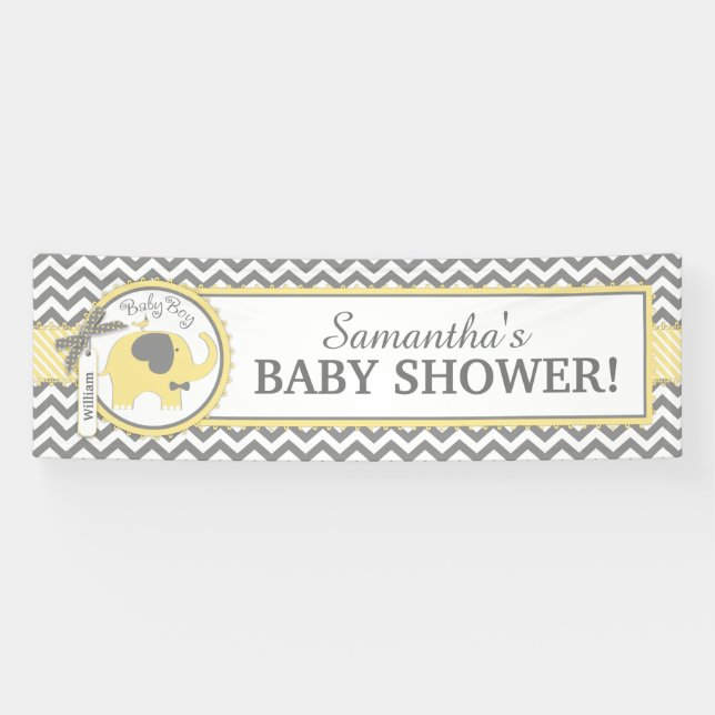 Lona Muchacho amarillo Chevron Baby Shower del elefante (Horizontal)