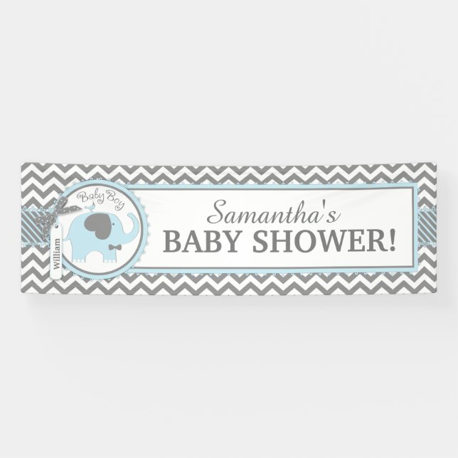 Lona Muchacho azul Chevron Baby Shower del elefante (Horizontal)
