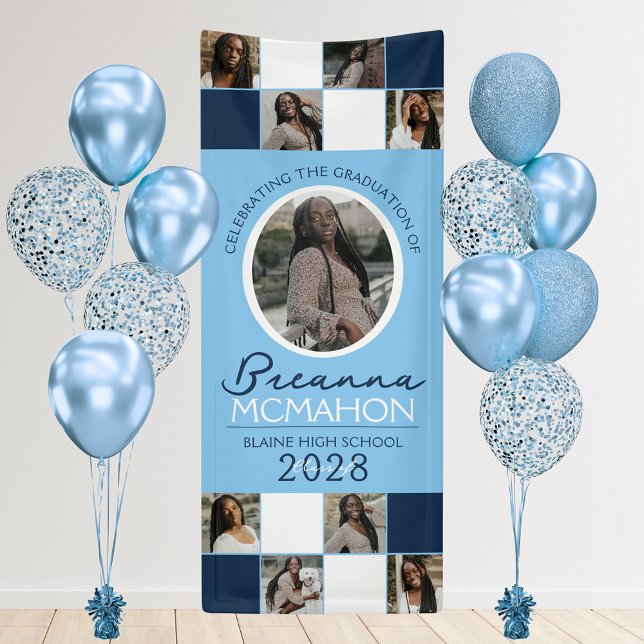 Lona Nacimiento azul y marina 9 Collage de fotos Gradua (Navy Blue and Baby Blue 9 Photo Vinyl Graduation Hanging Banner. Indoor or Outdoor Use!)