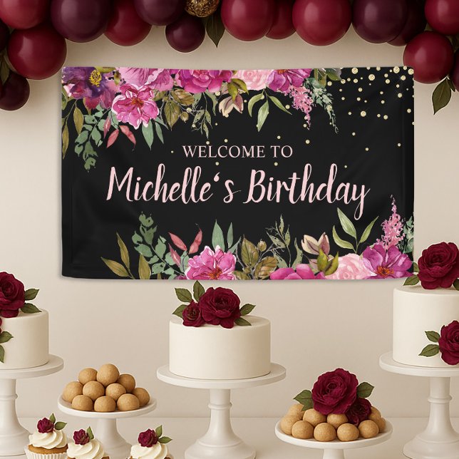Lona Nacimiento del Purpurina Black Pink Purple Floral  (Pink floral on black birthday party banner)