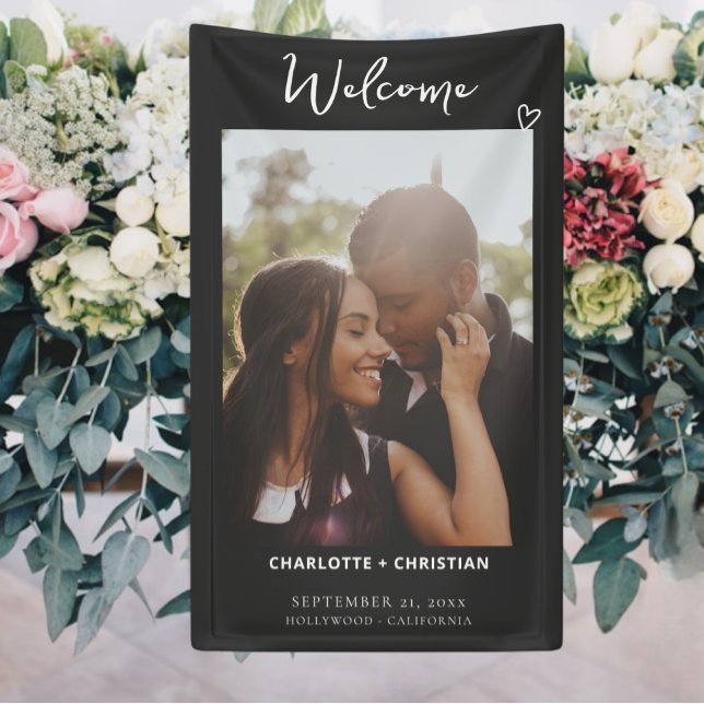 Lona Nada Fancy Ama A La Bienvenida Boda (Nothing Fancy Just Love Welcome Wedding Banners from Ricaso. Add photo and text. dark grey and white)