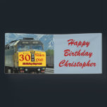 Lona Name, Happy 30th or 35th Birthday Yellow Train<br><div class="desc">What a unique banner for a Happy 30th or 35th Birthday Party (or any year). It is decorated with our original photograph of a yellow train engine with red text. You can personalize three additional lines of red text of your choosing - suitable for any age. Select Indoor or Outdoor...</div>