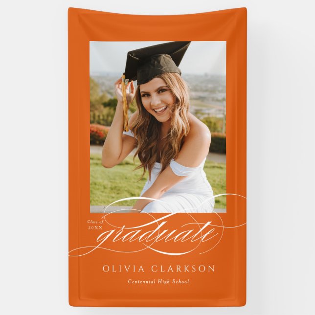 Lona Naranja Elegant Script Graduation Photo Fiesta (Vertical)
