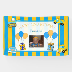 Lona Naranja lindo y azul feliz cumpleaños personalizad