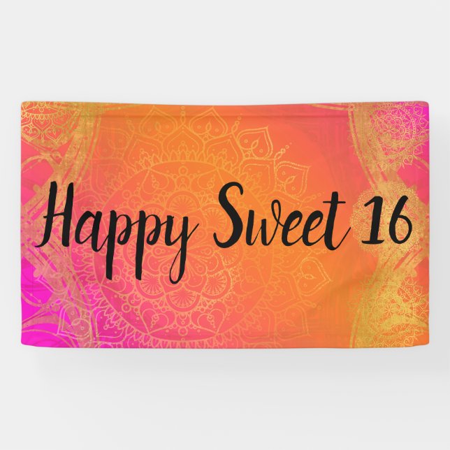 Lona Naranja rosa de Fuchsia y Fiesta de Mandala india  (Horizontal)