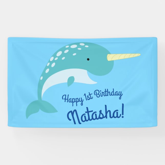 Lona Narwhals Ocean Cute Primer Fiesta de cumpleaños te (Horizontal)