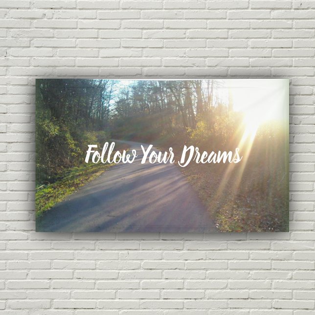 Lona Nature Trail Woods Foto Sigue Dreams Sun (Real Photograph path through woods sun rays Follow Your Dreams text on wall banner.)