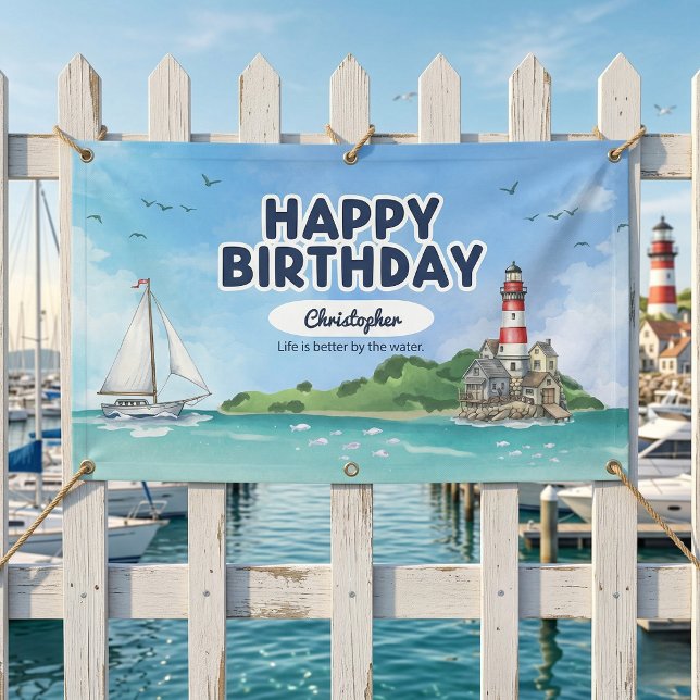 Lona Nautical Lighthouse Birthday Banner (Best birthday on the coast.)
