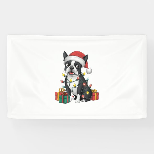 Lona Navidad en Santa Hat Boston Terrier Dog (Horizontal)
