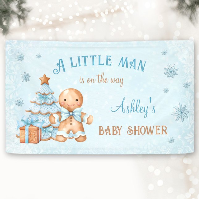 Lona Navidades azules del hombre de pan de jengibre Bab (Gingerbread Man Boy Blue Christmas Baby Shower Banner)