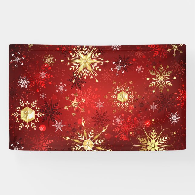 Lona Navidades Copos de nieve dorados con fondo rojo (Horizontal)
