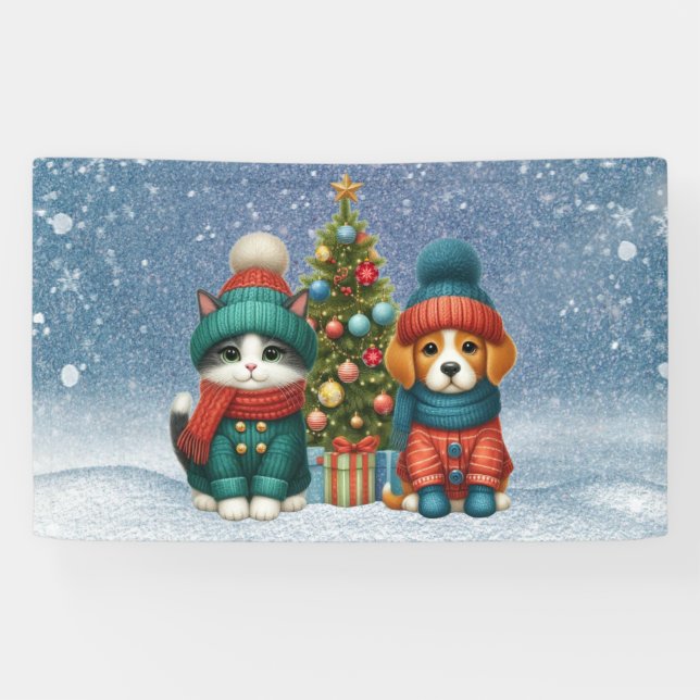 Lona Navidades de cachorro y gatito (Horizontal)