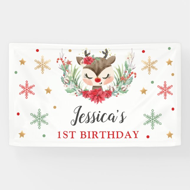 Lona Navidades de renos primer invierno de cumpleaños (Horizontal)