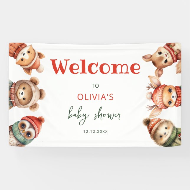 Lona Navidades de Woodland Animals Winter Baby Shower (Horizontal)