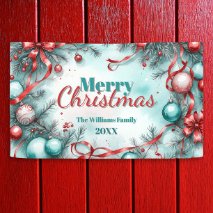 Lona Navidades festivos Ornamentos verdes Cintas rojas