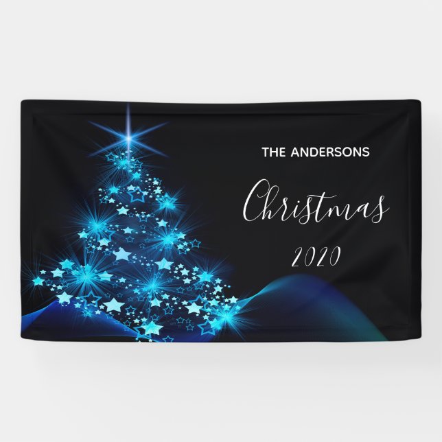 Lona Navidades fiesta azul negro árbol brillante modern (Horizontal)