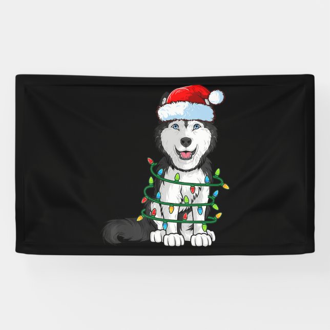 Lona Navidades Husky siberiano Santa Hat Xmas Luces Per (Horizontal)