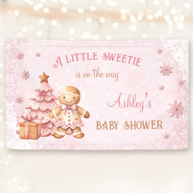Lona Navidades rosados Chica hombre pan de jengibre Bab (Gingerbread Man Girl Pink Christmas Baby Shower Banner)