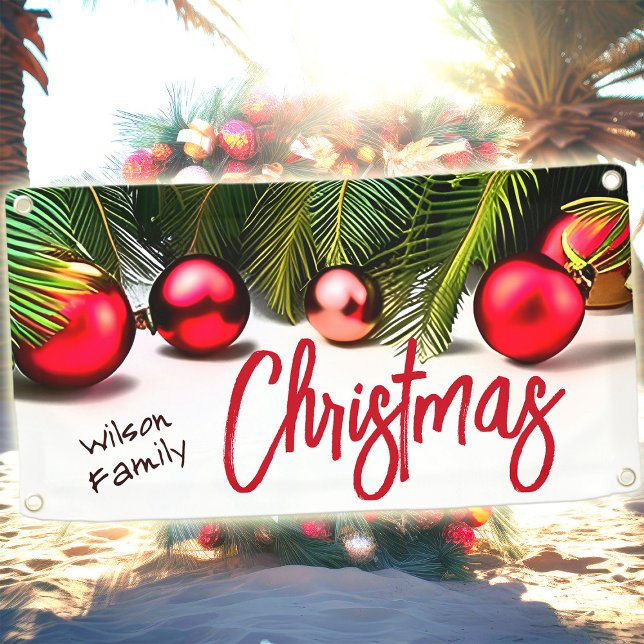 Lona Navidades tropicales Palm Tree Red Green Nombre de (Tropical Christmas palm tree & ornaments personalized holiday party banner)