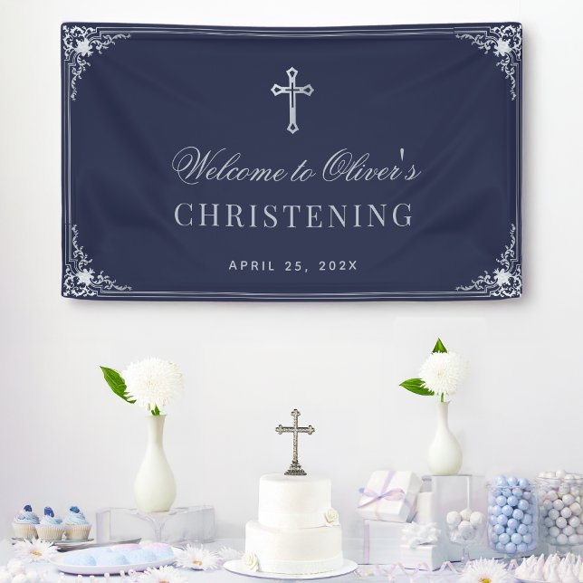 Lona Navy Blue Boy Christening Vintage Elegante Bautism (Subido por el creador)