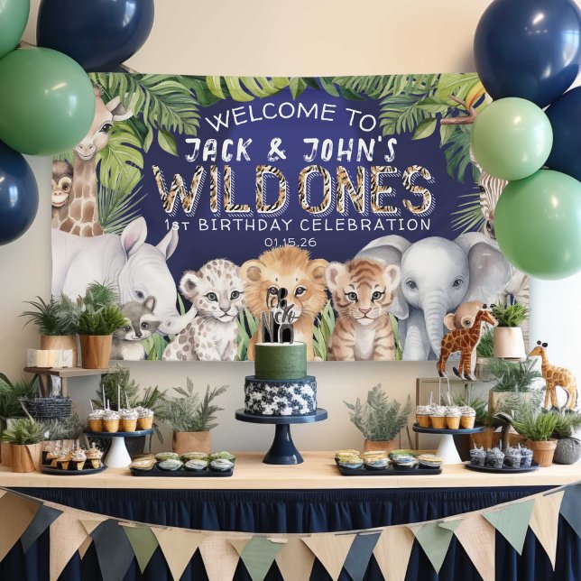Lona Navy Blue gemelos jungle animales 1er cumpleaños w (Twins wild one, navy blue jungle safari 1st birthday welcome backdrop, Baby boy first birthday.)