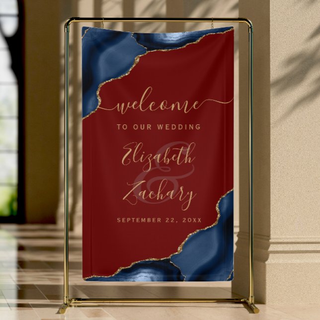 Lona Navy Blue Gold Agate Burgundy Wedding Welcome (Subido por el creador)
