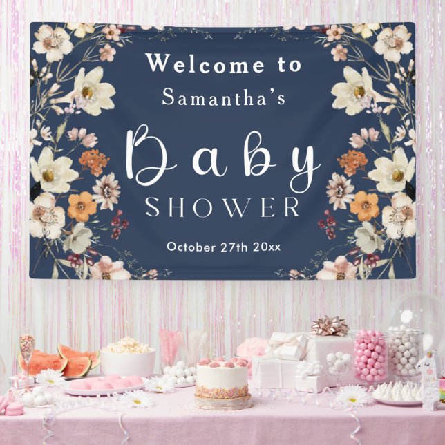 Lona Navy Blue Pastel Boho Wildflower Baby Shower (Fiesta)