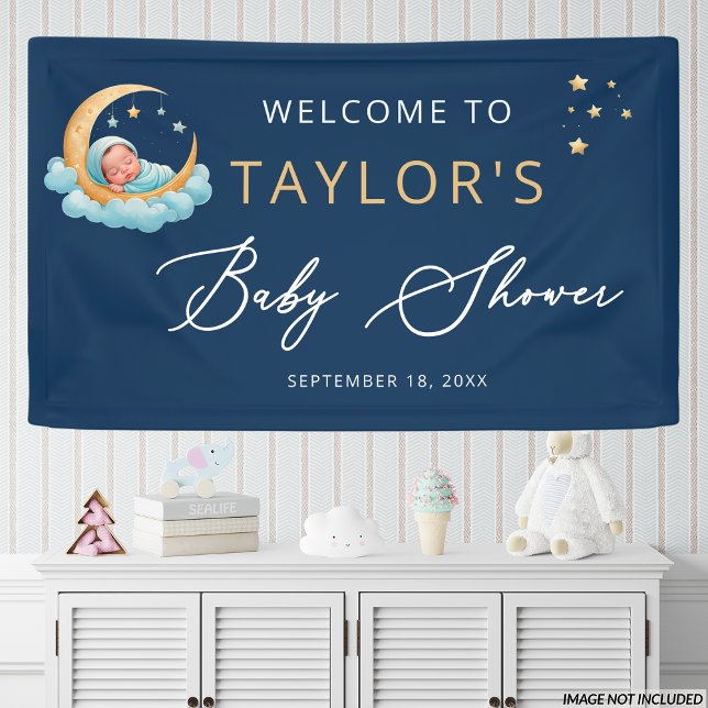 Lona Navy Celestial Moon Stars Baby Shower Banner (Subido por el creador)