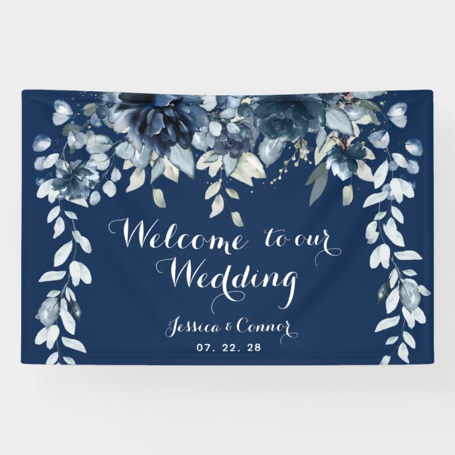 Lona Navy Dusty Blue Eucalyptus Welcome To Our Wedding (Horizontal)