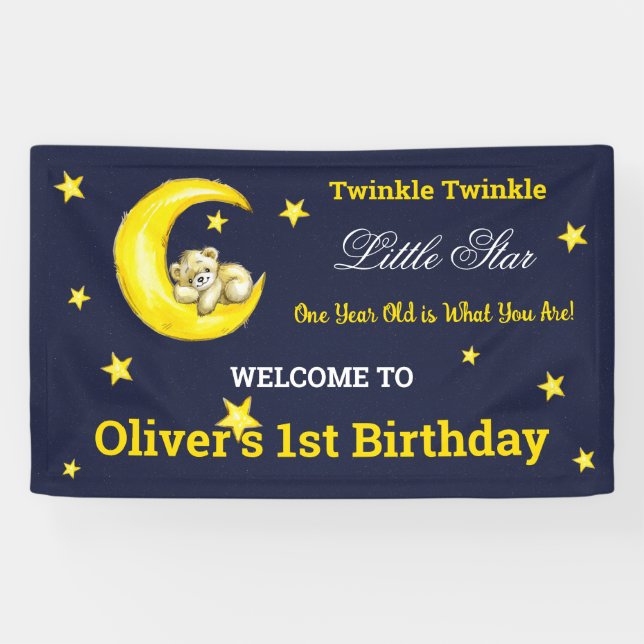 Lona Navy Gold Twinkle Little Star Primer cumpleaños (Horizontal)