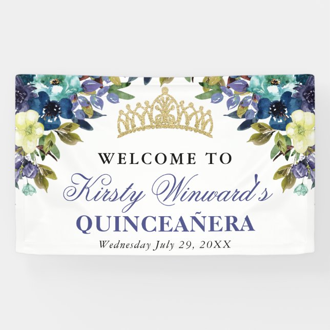 Lona Navy y Flores Azules Quinceañera (Horizontal)