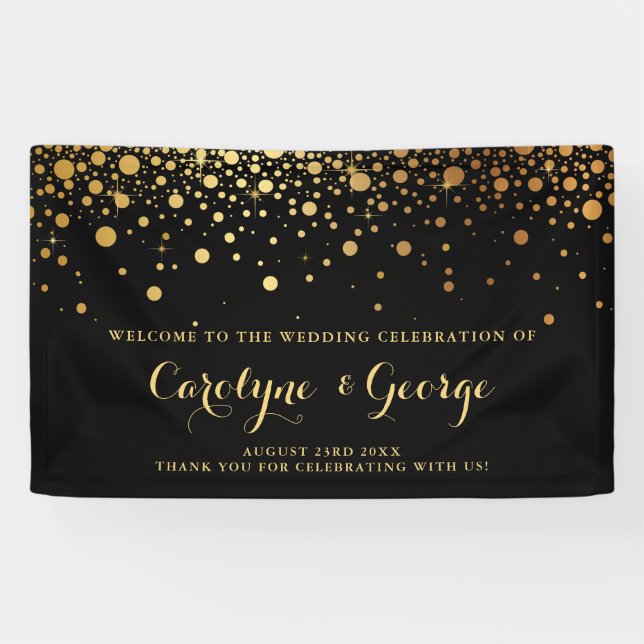 Lona Negro | Banner de bienvenida del Boda Faux Gold Co (Horizontal)