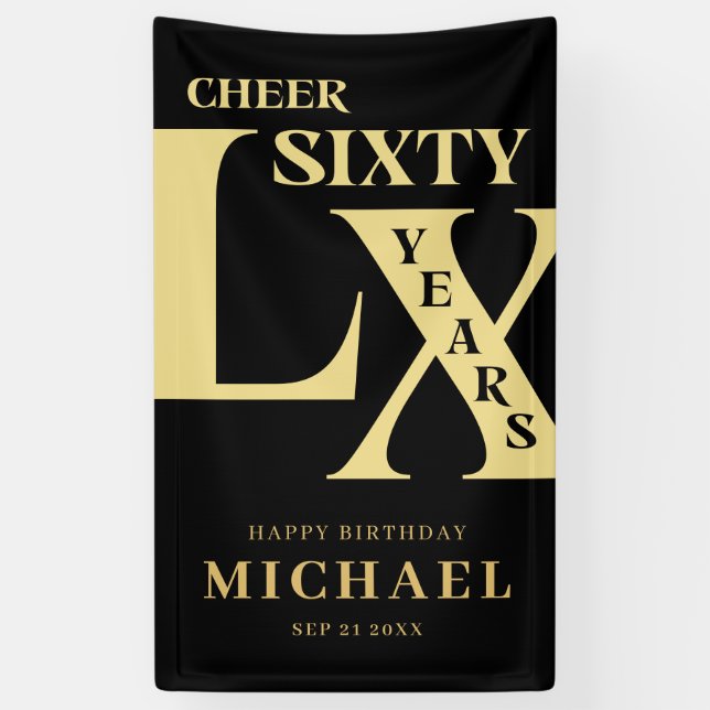 Lona Negro moderno y oro 60 cumpleaños (Vertical)