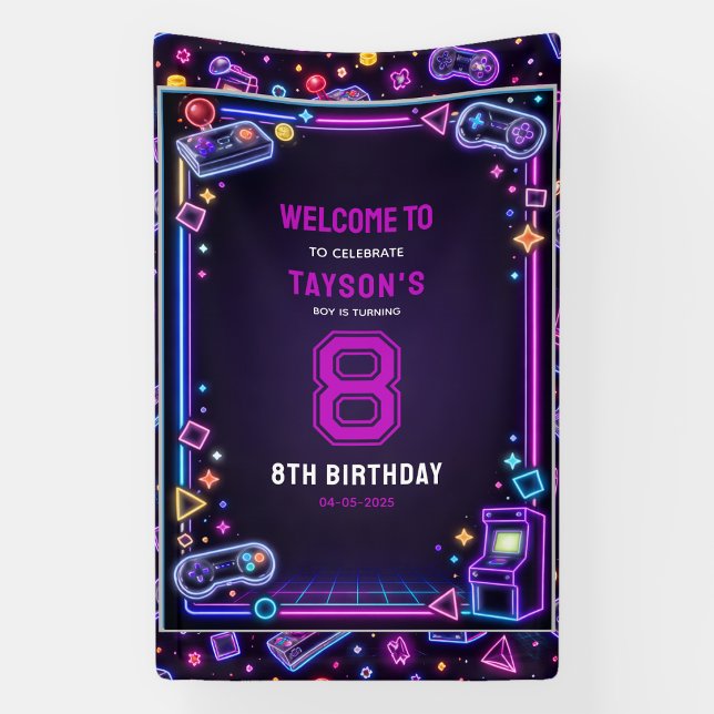 Lona Neón Resplandor Juego Retro de Arcade Cumpleaños 8 (Neon Glow Retro Arcade Gaming 8th Birthday Banner
)