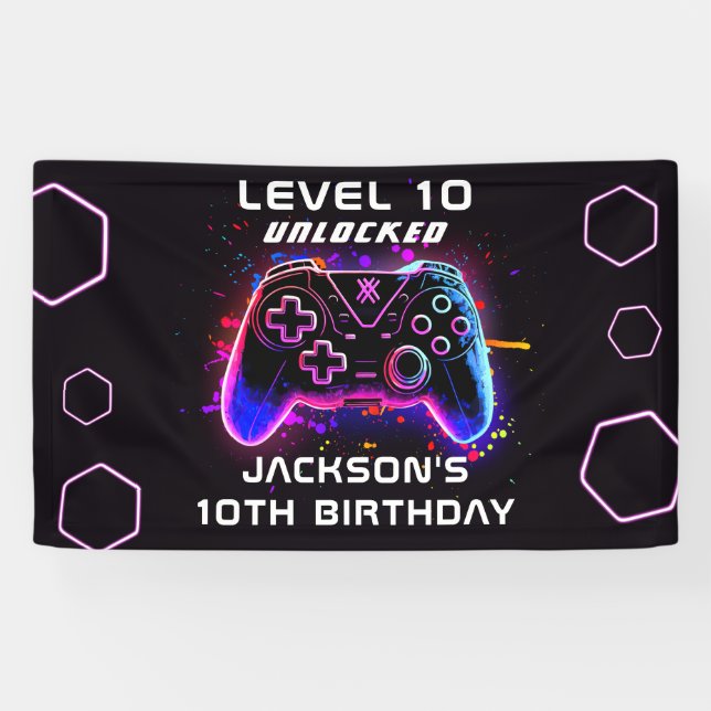 Lona Neon Video Game Fiesta Niños Jugador de Cumpleaños (Horizontal)