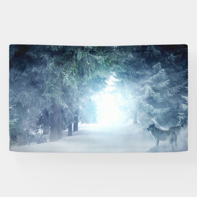 Lona Nieve invernal con lobos en bosque verde (Horizontal)