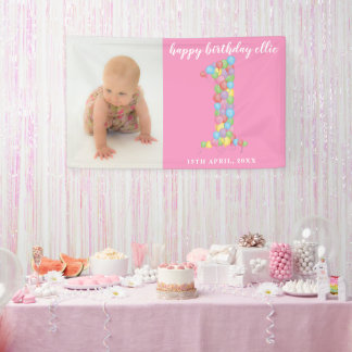 Lona Niña bebé Globos de cumpleaños número uno