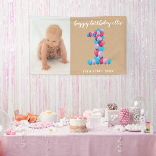 Lona Niña bebé Globos de cumpleaños número uno