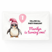 Niña Cumpleaños Uno Pingüino Rosa Invierno Genial