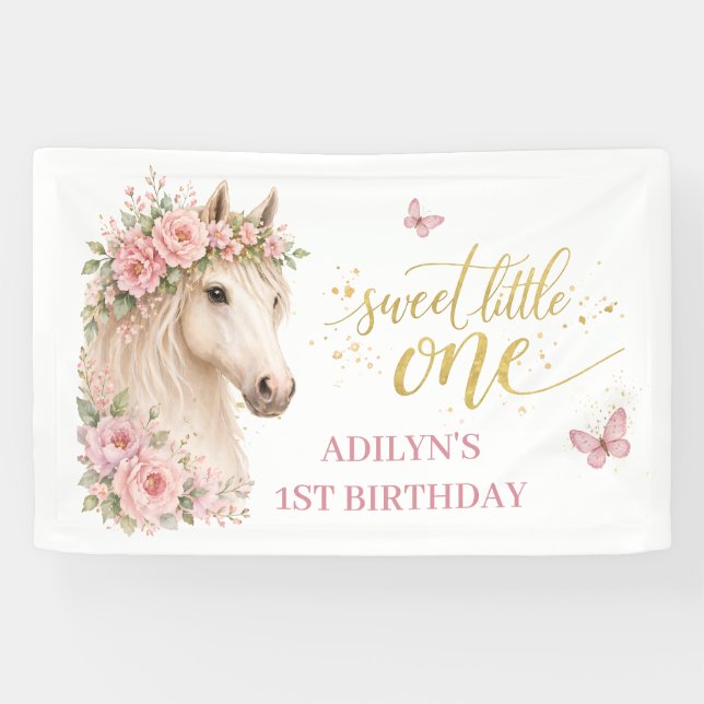 Lona Niñas Cumpleaños 1 Floral Rosa Caballo (Horizontal)