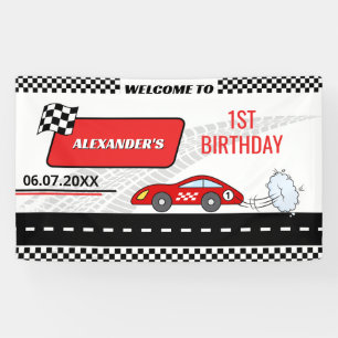Lona Niño de coche de carreras rojo retro rápido cumple