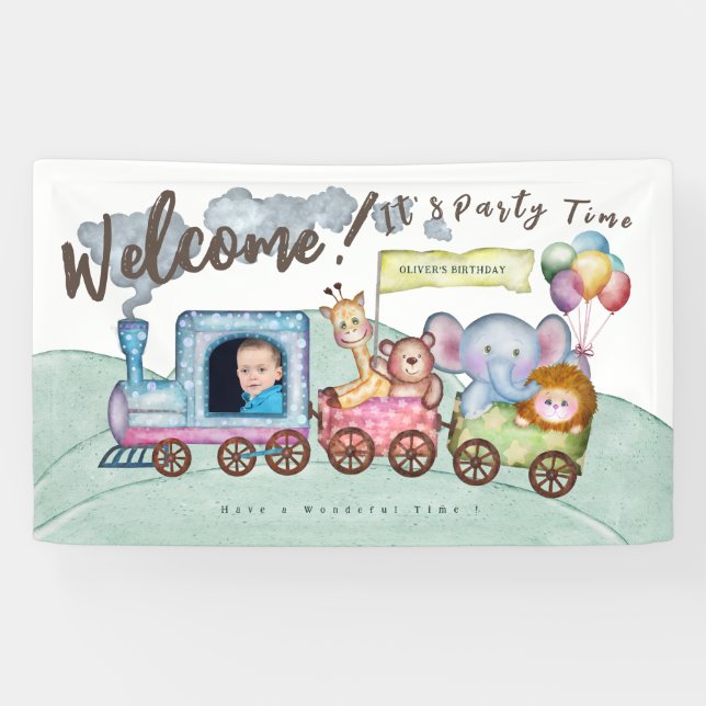 Lona Niño personalizado Foto de la acuarela del tren de (Horizontal)
