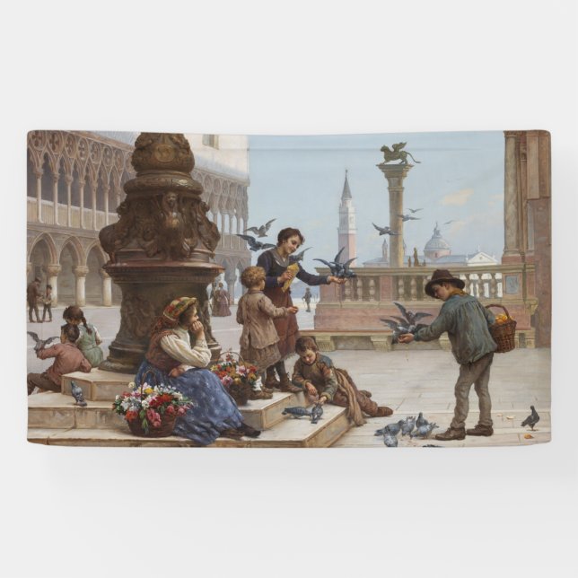 Lona Niños alimentando palomas en Venecia (por Paoletti (Horizontal)