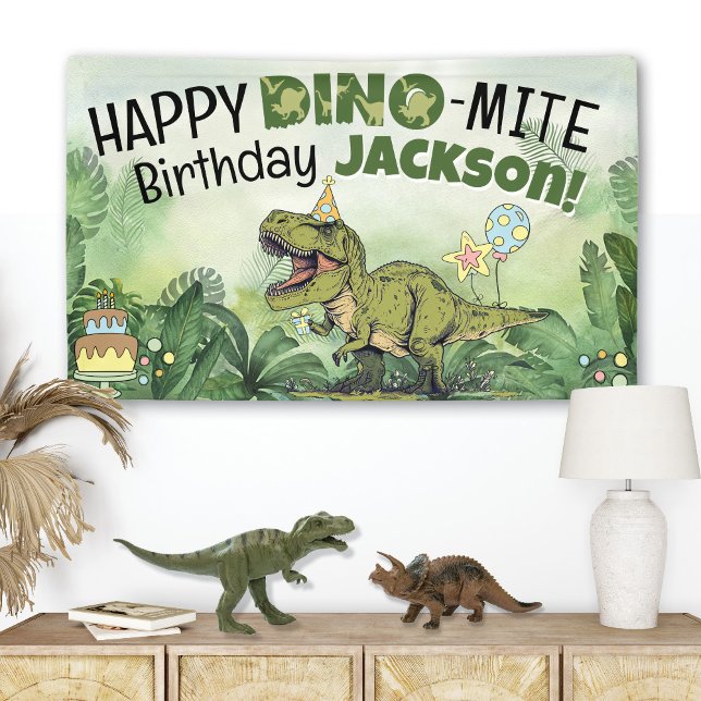 Lona Niños chinos-minitas nombran fiesta de cumpleaños  (Cute Jurassic T-Rex Cartoon Dinosaur Theme Boy Birthday Party Banner, Happy Dino-Mite Birthday Name )