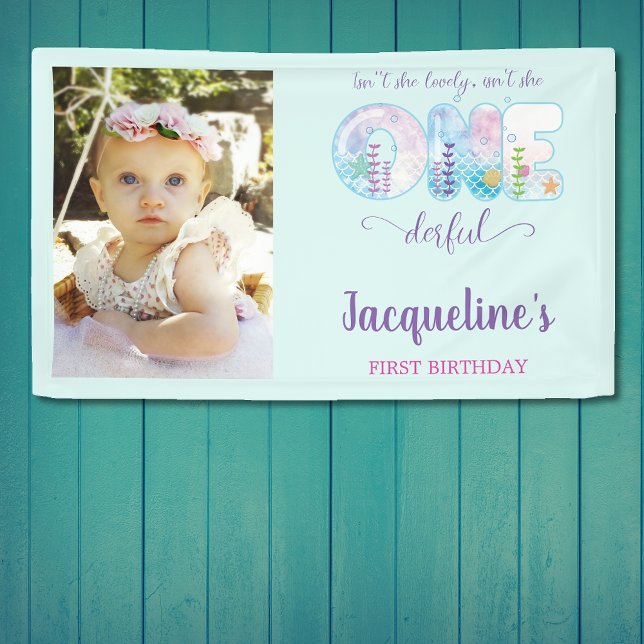 Lona ¿No es ella una Fiesta de cumpleaños de Chicas mar (Isn't She ONEderful girls blue 1st birthday party wall banner.)