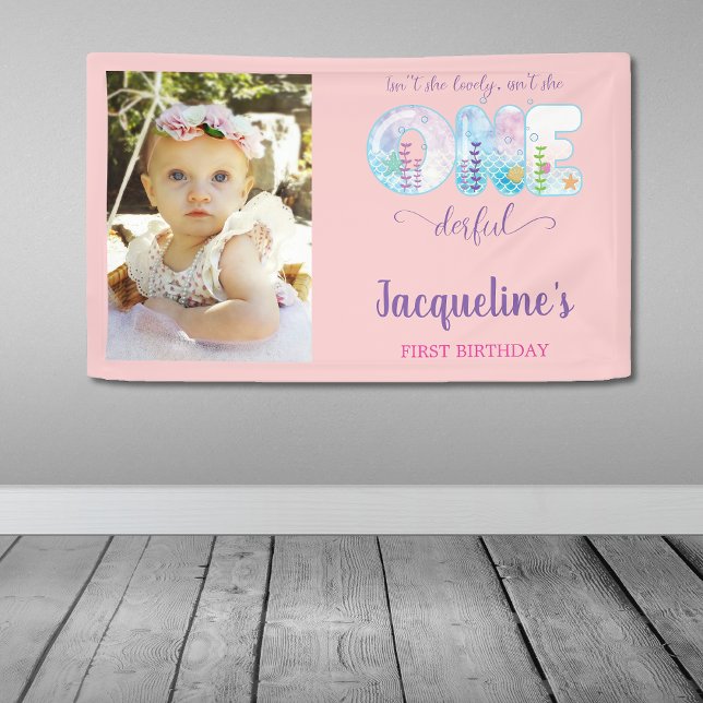 Lona ¿No es ella una maravillosa Fiesta de cumpleaños d (Girls 1st birthday pink party banner. Under the sea isn't she  ONEderful with photo.)