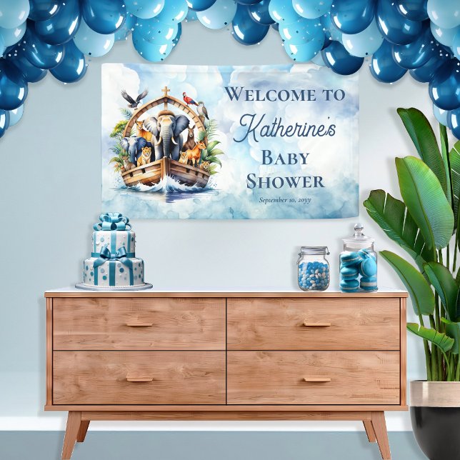 Lona Noah's Ark Cute Animals Blue Boy Baby Shower (Noah's Ark Cute Animals Blue Boy Baby Shower Banner 3' x 5')