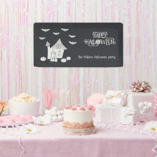 Lona Noche de Halloween con casa embrujada, murciélagos